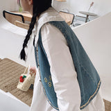 Gwmlk Vests Women Embroidery Single Breasted Vintage Denim Waistcoats Japanese Style All-match Prairie Chic Streetwear Retro