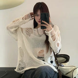 Gwmlk Summer Hollow Out Sunscreen Knitwear Women Punk Style Ripped Hole Long-Sleeved Knitted Sweater Harajuku Street Pullover