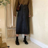 Gwmlk Korean Chic Denim Midi Skirt Women 2023 Spring High Waist Simple Medium-long Skirts Vintage All-match Streetwear Skirt