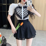 Gwmlk Black Lace Patchwork Shorts Women Korean High Wiast A-Line Pleated Skirt Pants Woman Street Trend All-Match Suit Shorts