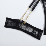 Gwmlk Lingerie Luxury Lace Female Underwear Sexy Transparent Bra Panty Sets With Chain Fancy See Through Exotic Sets 4-Piece