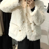 Gwmlk Fashion Faux Rabbit Fur Women Jackets Autumn Winter Double-Breasted Thicken Warm Outerwear Korean O-Neck Faux Fur Coat