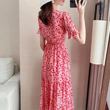 Gwmlk Pink Floral Summer Dress for Women Korean Printed Chiffon V-neck Long Dresses Female Elegant Ruffles A-Line Party Dress