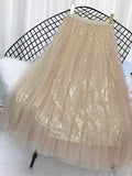 gwmlk Summer Skirts Women Korea Long Tulle Skirt Sequined Pleated A Line Midi Skirt Chic High Waist Skirt Female