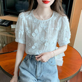 Gwmlk Embroidered Flower Blouse White Lace Chiffon Shirt Woman Short Sleeve Women 2023 Elegant Ladies Casual O Neck Tops 27012