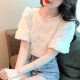 Gwmlk Elegant Beading Lace Blouse Puff Short Sleeve Women Korean Shirts O-neck Sweet Pleated New Casual Loose Tops Blusas 27169