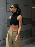 gwmlk Black Knitting Turtleneck Crop Top Women Sexy Irregularity Skinny Elasticity Tank Top Fashion Club Top Streetwear