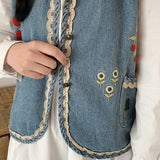 Gwmlk Vests Women Embroidery Single Breasted Vintage Denim Waistcoats Japanese Style All-match Prairie Chic Streetwear Retro