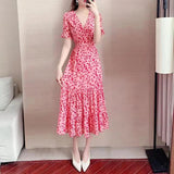 Gwmlk Pink Floral Summer Dress for Women Korean Printed Chiffon V-neck Long Dresses Female Elegant Ruffles A-Line Party Dress