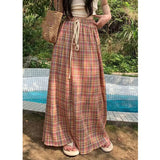 Gwmlk Vintage Y2K Plaid Skirts Women Harajuku Streetwear Drawstring Long Skirt Woman Summer Elastic High Waist A-Line Skirts