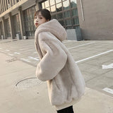 Gwmlk Winter Women Faux Rabbit Fur Hooded Coat Casual Solid Color Warm Faux Fur Jacket Woman Fashion Zip Thick Furry Overcoat