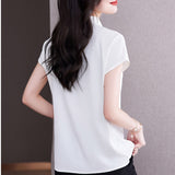 Gwmlk Tie Blouse Shirt for Women OL Elegant Blouses Satin Womens Tops Silk Female Clothing 2023 Korean Fashion Short Sleeve Blouse