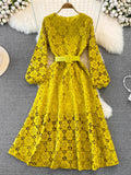 gwmlk Autumn Vintage Women Hollow Out Lace Long Dress Female Elegant Round Neck Puff Sleeve High Waist A-Line Party Maxi Robe