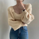 Gwmlk Sexy Low-Cut Square Collar Sweater Woman Vintage Puff Sleeve Slim Fit Knitted Jumper Autumn Winter Elastic Knitwear