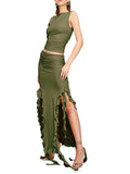 Gwmlk Piece Sets Outfits Women Crop Tops Bodycon Fungus Lace Long Skirts Suits 2023 Summer Club Beach Holiday Dresses