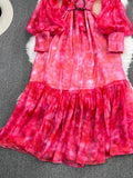 gwmlk Autumn Rose Red/Green Tie Dye Print Party Long Dress Elegant Bow Collar Lantern Sleeve High Waist Ruffle Hem Vestidos New