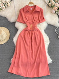 gwmlk Vintage Women Midi Dress Elegant Pink/Orange/Green Polo Collar Short Sleeve High Waist A-Line Vestidos Female New Fashion