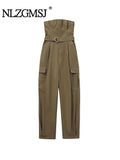 Gwmlk TRAF Sexy Strapless Jumpsuits With Belt For Women Sleeveless Wrapped Chest 2023 Autumn Jumpsuit Full Cargo Pants