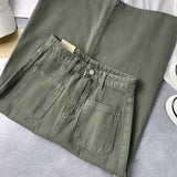 Gwmlk High Waist Long Skirts for Women Fashion 2023 New Split Green Denim Skirts Female Vintage Streetwear Pockets Midi Skirt