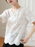 Gwmlk White Embroidered Lace Blouse Short Sleeve Woman Vintage Elegant Flowers Shirt Top Women Loose O Neck Slim Blouses 22361