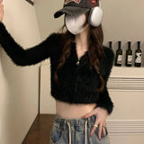 Gwmlk Soft Short Knitted Cardigan Women Korean Zipper Faux Mink Cashmere Sweaters Ladies Fall Winter Long Sleeve Y2K Crop Top