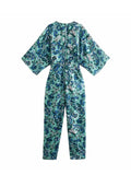 Gwmlk ZBZA Women 2023 Vintage Half Sleeve Green Floral Print Jumpsuits Chic Ladies Zipper Design Casual Sashes Rompers 202308