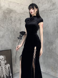 gwmlk Gothic Velvet Aesthetic Dresses Vintage Women Black Bandage SlitHem Bodycon Dress Sexy Evening Wear Cheongsam