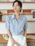 Gwmlk Women Shirts V-neck Short Puff Sleeve Chiffon Thin Shirt 2023 Summer Loose Button Women Tops Blouses Solid Woman Clothes