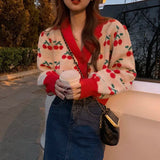 Gwmlk Autumn Winter Print Sweaters Women Harajuku Long Sleeve V-Neck Knitted Cardigan Casual All-Match Warm Student Knitwear