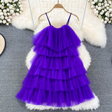 gwmlk Cascading Ruffle Mesh Spaghetti Strap Mini Dress Women Purple/Green/Pink Sleeveless A-Line Vacation Beach Vestidos Female