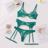 Gwmlk Set Woman 3 Pieces Sexy Love Lingerie Fancy Embroidery Underwear Lace Green Exotic Sensual Brief Sets with Garters