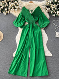 gwmlk Women V-Neck Wide Leg Ruffle Jumpsuits Female Sexy Puff Short Sleeve High Waist Slim Vacation Beach Romper Green/Pink/Red