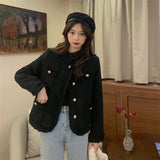 Gwmlk Elegant Short Tweed Jacket Women Korean Fashion Round Neck Button Design Coats Woman Temperament Long Sleeve Outerwear