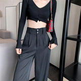 Gwmlk Summer Casual Women Wide Leg Pants Korean Loose Straight Suit Pants Fashion High Waist Chic Office Ladies Trousers