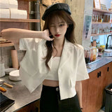 Gwmlk Korean Fashion Cropped Blazer Woman 2023 Summer Short Sleeve Single Breasted Coats Female Turn Down Collar Thin Jacket