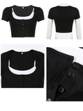 gwmlk y2k Patchwork Crop Top Button O Neck Short Sleeve T Shirt Women Basic Casual Chic Tee Summer Korean Slim Outfits New