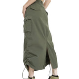 Gwmlk Women Cargo Skirt Summer Clothes 2023 Retro Drawstring Half Dress Long Side Pockets Solid Color Skirt y2k Streetwear