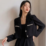 Gwmlk Fashion Crystal Decorate Women Suit Coat Korean Wild Notched Collar Cropped Blazer Woman Casual Single-Breasted Jackets