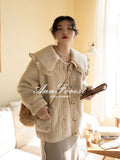 Gwmlk Cute Lace Ruffled Collar Doll Plush Coat Wool Jacket Autumn Winter Lamb wool coat