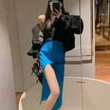 Gwmlk Sexy Split Bodycon Long Skirt for Women Elegant Slim Fit High-Waisted Skirts Female Pure Desire Hot Girl Knitted Skirt