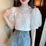 Gwmlk Blouse Women Sweet Stand Collar Elegant Korean Shirt Summer Puff Short Sleeve Tops Flower Crochet Ladies Blusas Mujer 27168