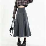 Gwmlk College Style Women Pleated Skirt 2023 Spring Summer High Waist Long Skirts Woman Korean Style Gray A-Line Midi Skirt