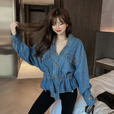 Gwmlk Women Jacket 2023 Spring Autumn Korean Chic Female All-Match V-Neck Retro Beaded Diamond Design Loose Short Denim Coats