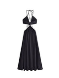 Gwmlk TRAF Women Halter Dress Sexy Backless Lace Up Summer Evening Dresses Waist Hollow Out Holiday Beach Party Dress