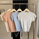 Gwmlk style Knitted Women Summer Tshirts Short Sleeve O-neck Tees Crop Tops Hollow Out Sexy T-Shirt Drawstring Tunic T-shirt