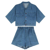 Gwmlk Women Denim Sets Summer 2023 New 2 Piece Set Solid Short Sleeve Coat + Shorts Jeans Sets Office Lady Elegant Female Denim Suits