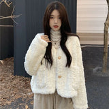 Gwmlk Women's Lamb Wool Jackets Coats Autumn Winter Thicken Warm Faux Fur Outwear Female Korean Loose V-Neck Furry Short Coat