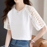 Gwmlk Hollow Short Sleeve White Blouse O Neck Women Simple T-shirt Elegant 2023 Tops New Casual Loose Ladies Shirt Blusas 26752