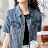 Gwmlk Denim Jackets for Women Summer Fashion All-Match Short Sleeve Jacket Female Korean Turndown Collar Buttons Jean Coat