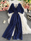 gwmlk Sexy Polka Dot Romper Women Elegant V-Neck Puff Short Sleeve High Waist Jumpsuit Female Loose Wide Leg Playsuits Fashion